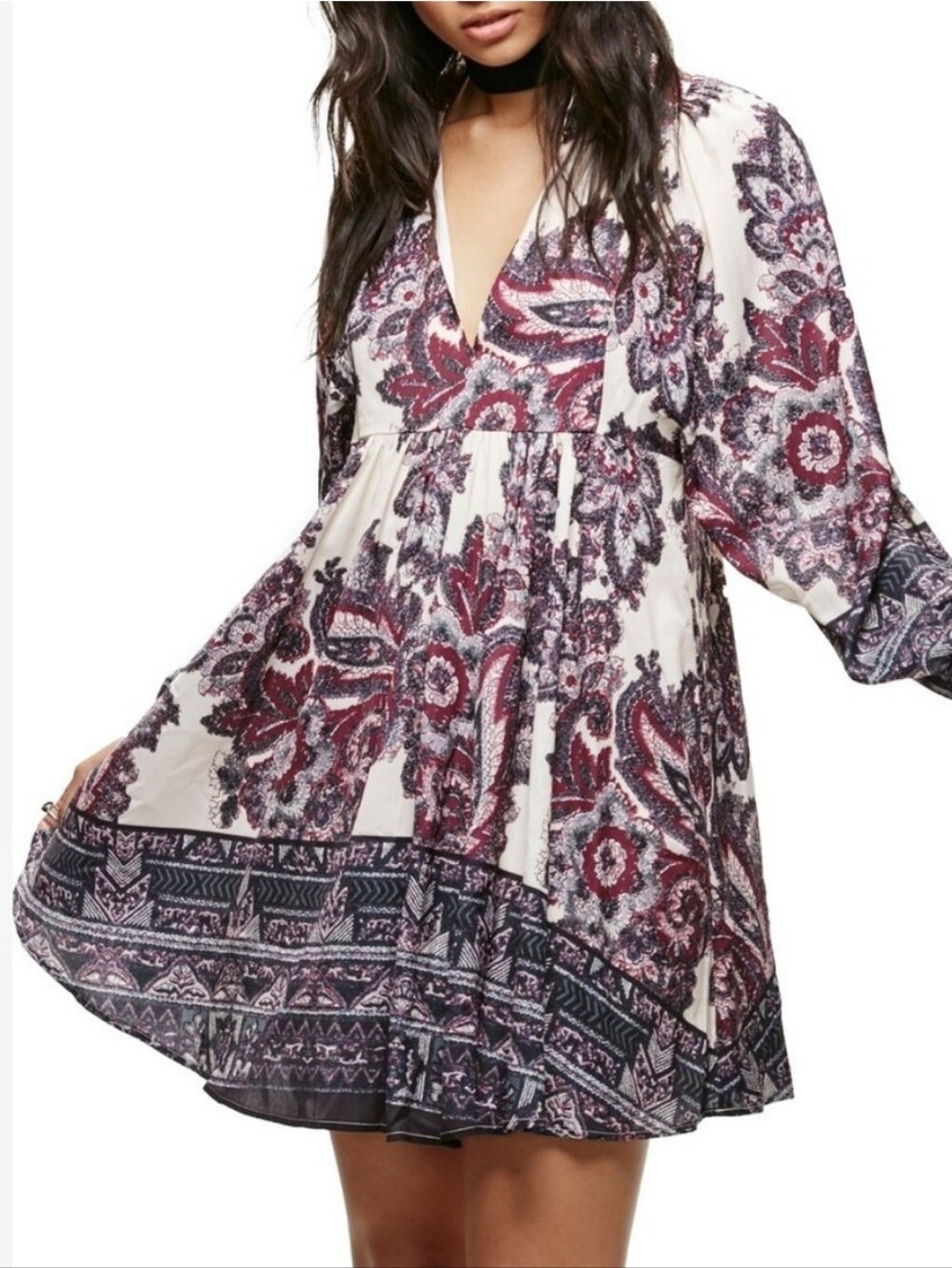 Bohemian Free Pwople Floral V-Neck Tunic Dress - Cream and Burgundy